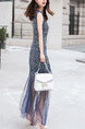 Blue Plus Size Slim Printed Fishtail Linking Lace See-Through Over-Hip Round Neck Maxi Dress for Cocktail Party Evening