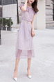 Pink Plus Size Slim A-Line Laced Boat Collar Off-Shoulder Wave Point See-Through Midi Dress for Casual Office Party
