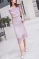 Pink Plus Size Slim A-Line Laced Boat Collar Off-Shoulder Wave Point See-Through Midi Dress for Casual Office Party