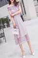Pink Plus Size Slim A-Line Laced Boat Collar Off-Shoulder Wave Point See-Through Midi Dress for Casual Office Party