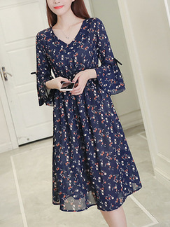 Blue Chiffon Plus Size Slim A-Line Floral V Neck Flare Sleeve Butterfly Knot Floral Knee Length Dress for Casual Party Office