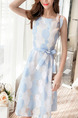 White and Blue Slim A-Line Contrast Wave Point Round Neck Band Butterfly Knot Double Layer Knee Length Dress for Casual Party
