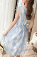 White and Blue Slim A-Line Contrast Wave Point Round Neck Band Butterfly Knot Double Layer Knee Length Dress for Casual Party