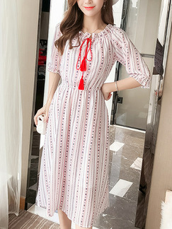Pink and White Chiffon Slim A-Line Printed Laced Round Neck Drawstring Band Off-Shoulder Knee Length Dress for Casual Office