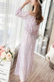 Pink and White Chiffon Slim A-Line Printed Laced Round Neck Drawstring Band Off-Shoulder Knee Length Dress for Casual Office