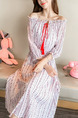Pink and White Chiffon Slim A-Line Printed Laced Round Neck Drawstring Band Off-Shoulder Knee Length Dress for Casual Office