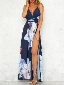 Blue and White Plus Size Slim Printed Sling V Neck Band Open Back Furcal Maxi Dress for Casual Beach