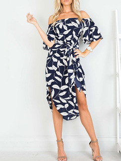 Blue and White Slim Printed Off-Shoulder Flare Sleeve Band Asymmetrical Hem Midi Dress for Casual Party Beach