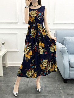 Blue Yellow and Brown Slim Printed Round Collar Adjustable Waist Floral Maxi Dress for Casual Party