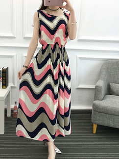 Colorful Slim Printed Round Neck Adjustable Waist Maxi Dress for Casual Party