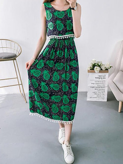 Blue and Green Plus Size Slim Seem-Two Printed Round Neck Linking Tassel Midi Dress for Casual Party
