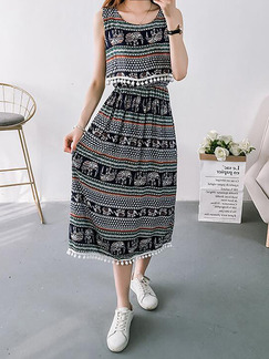 Colorful Plus Size Slim Seem-Two Printed Round Neck Linking Tassel Midi Dress for Casual Party