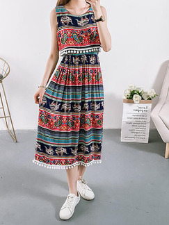 Colorful Plus Size Slim Seem-Two Printed Round Neck Linking Tassel Midi Dress for Casual Party