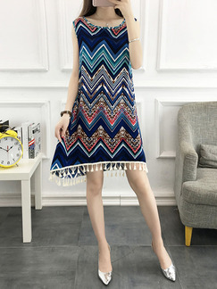 Colorful Plus Size Loose A-Line Printed Round Neck Linking Tassel Shift Above Knee Dress for Casual Party