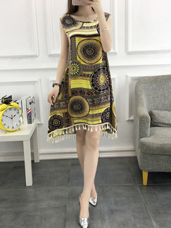 Yellow Brown and Black Plus Size Loose Printed A-Line Linking Tassel Shift Above Knee Dress for Casual Party