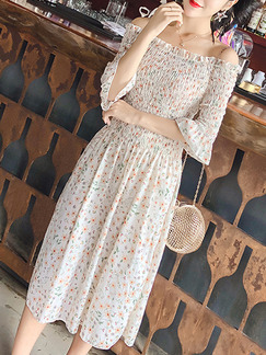 White Grey and Red Slim Floral Laced Boat Collar Adjustable Chest Flare Sleeve Off Shoulder Midi Dress for Casual Party