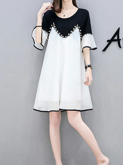 Black and White Chiffon Plus Size Loose A-Line Contrast Linking Bead Flare Sleeve Double Layer Shift Above Knee Dress for Casual Party Office