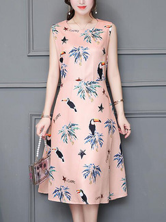 Pink and Blue Plus Size Slim A-Line Printed Round Neck Fold Back Fit & Flare Midi Dress for Casual Party