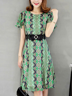 Green Chiffon Slim A-Line Printed Round Neck Ruffle Sleeve Double Layer Linking Lace Butterfly Knot Knee Length Dress for Casual Party