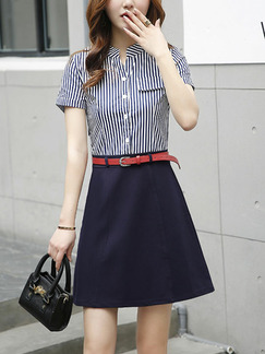 Blue and White Slim A-Line Contrast Linking Stripe Stand Collar Buttons Fake Pocket Above Knee Dress for Casual Party Office