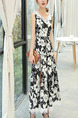 Black and White Slim A-Line Printed V Neck Linking Lace Maxi Floral Dress for Casual Evening Party