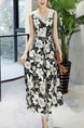 Black and White Slim A-Line Printed V Neck Linking Lace Maxi Floral Dress for Casual Evening Party