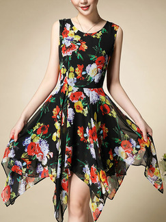 Colorful Plus Size Slim A-Line Printed Round Neck Asymmetrical Hem Above Knee Floral Dress for Casual Party Nightclub