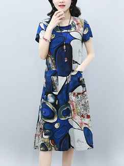 Blue Colorful Plus Size Slim A-Line Printed Round Neck Pockets Knee Length Dress for Casual Party