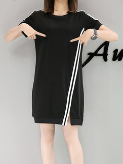 Black and White Plus Size Loose H-Shaped Round Neck Contrast Linking Stripe Shift Above Knee Dress for Casual
