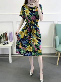 Colorful Plus Size Loose Printed Round Neck Adjustable Waist Band Floral Dress for Casual Party