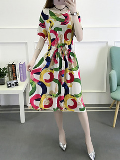Colorful Plus Size Loose Printed Round Neck Adjustable Waist Band Knee Length Dress for Casual Party Evening