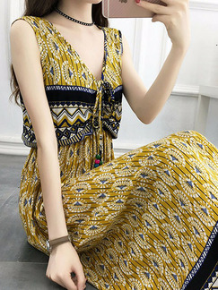 Yellow Colorful Plus Size Loose A-Line Printed V Neck Band Maxi Dress for Casual