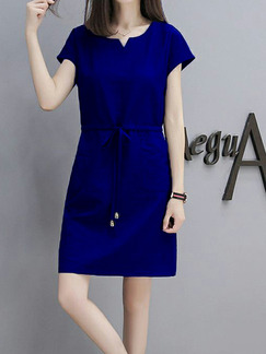 Blue Plus Size Loose Round Neck Adjustable Waist Band Pockets Shift Above Knee Dress for Casual