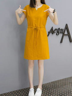 Yellow Plus Size Loose Round Neck Adjustable Waist Band Pockets Shift Above Knee Dress for Casual