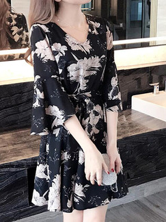 Black and White Chiffon Slim A-Line Printed V Neck Band Flare Sleeve Above Knee Floral Dress for Casual Party Nightclub