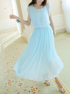 Green and Blue Chiffon Plus Size Slim Round Neck Bead Adjustable Waist Pleated Midi Dress for Casual Party