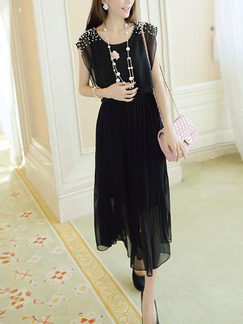 Black Chiffon Plus Size Slim Round Neck Bead Adjustable Waist Pleated Midi Dress for Casual Party