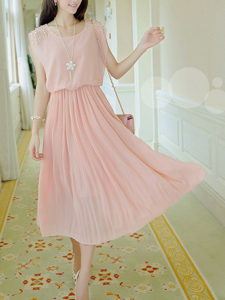 Pink Chiffon Plus Size Slim Round Neck Bead Adjustable Waist Pleated Midi Dress for Casual Party