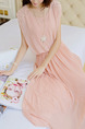 Pink Chiffon Plus Size Slim Round Neck Bead Adjustable Waist Pleated Midi Dress for Casual Party