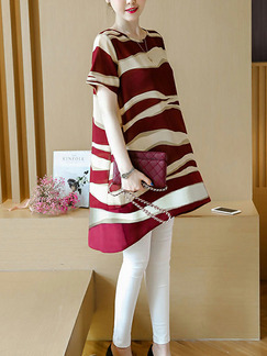 Red and White Plus Size Loose Contrast Stripe Round Neck Asymmetrical Hem Above Knee Dress for Casual Party