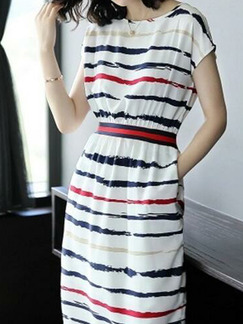 White Red and Blue Plus Size Slim A-Line Contrast Stripe Round Neck Adjustable Waist Pockets Furcal Side Above Knee Dress for Casual Office Party