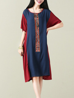 Red and Blue Loose A-Line Contrast Linking Round Neck Embroidery Knee Length Dress for Casual