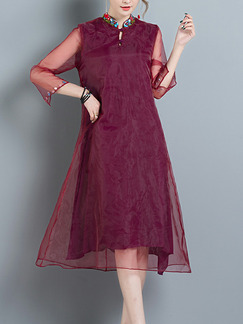 Red Loose A-Line Stand Collar Linking Mesh See-Through Embroidery Double Layer Chinese Button Midi Dress for Casual Party