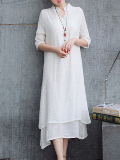 White Plus Size Loose Stand Collar Double Layer Band Midi Dress for Casual Office Party