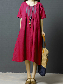 Red Plus Size Loose A-Line Round Neck Embroidery Pockets Midi Dress for Casual