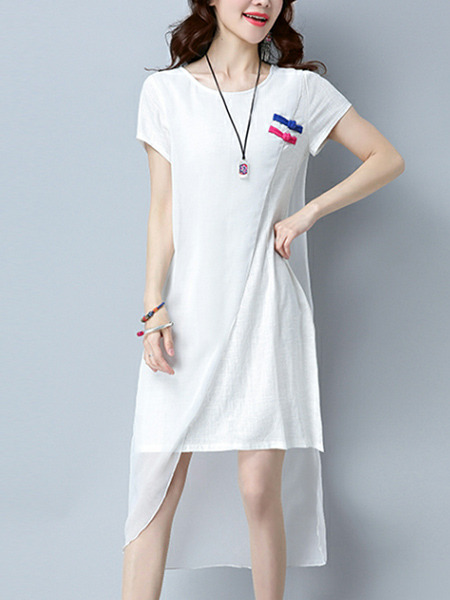 White Slim Round Neck Chinese Buttons Linking Mesh Midi  Dress for Casual