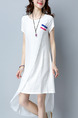 White Slim Round Neck Chinese Buttons Linking Mesh Midi  Dress for Casual