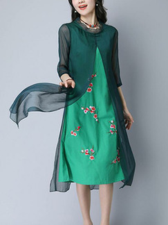 Green Seem-Two Loose Printed Chinese Buttons See-Through Furcal Side Midi Dress for Casual Party
