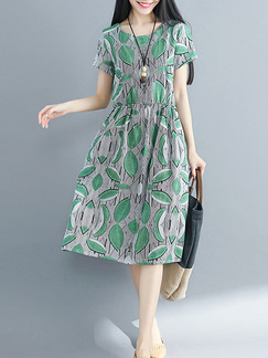Grey and Green Plus Size Loose A-Line Printed Stripe Round Neck Knee Length Dress for Casual