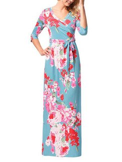 Blue Colorful Plus Size Slim Printed Cross V Neck Band Full Skirt Floral Maxi Dress for Casual Party Beach